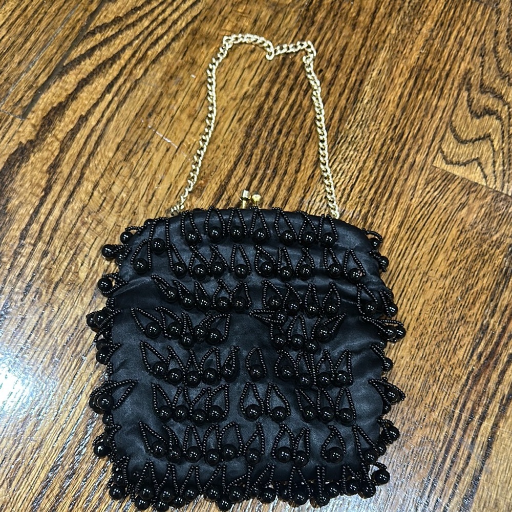 Chic Black Beaded Clutch with Gold Chain